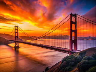Fototapeta premium Dramatic sunset casts a warm glow on the iconic suspension bridge's dark silhouette, set against a vibrant orange and pink San Francisco skyline.