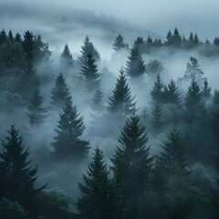 Misty Rainy Evergreen Forest with Tall Trees and Fog Serene and Mystical Rainy Concept