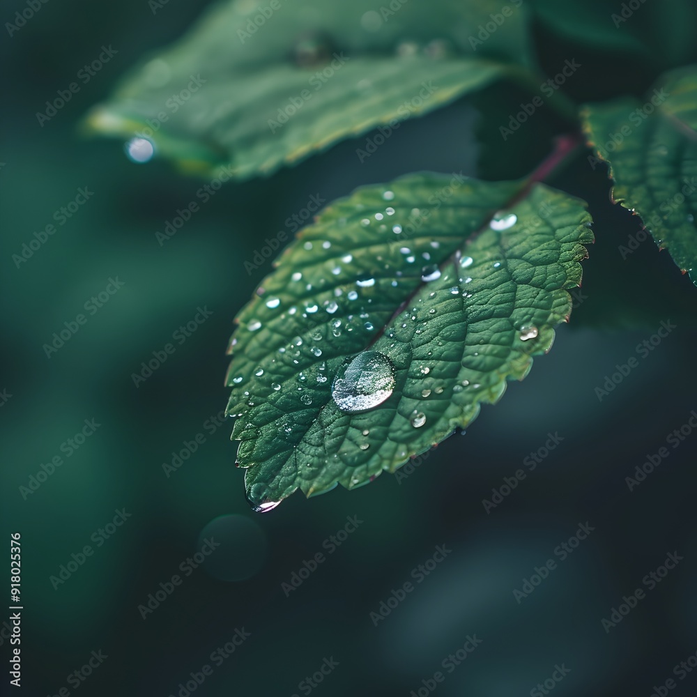 Sticker Close Up Raindrop on Lush Green Leaf Capturing Intricate Natural Details