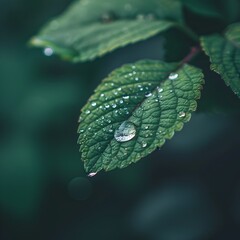 Close Up Raindrop on Lush Green Leaf Capturing Intricate Natural Details