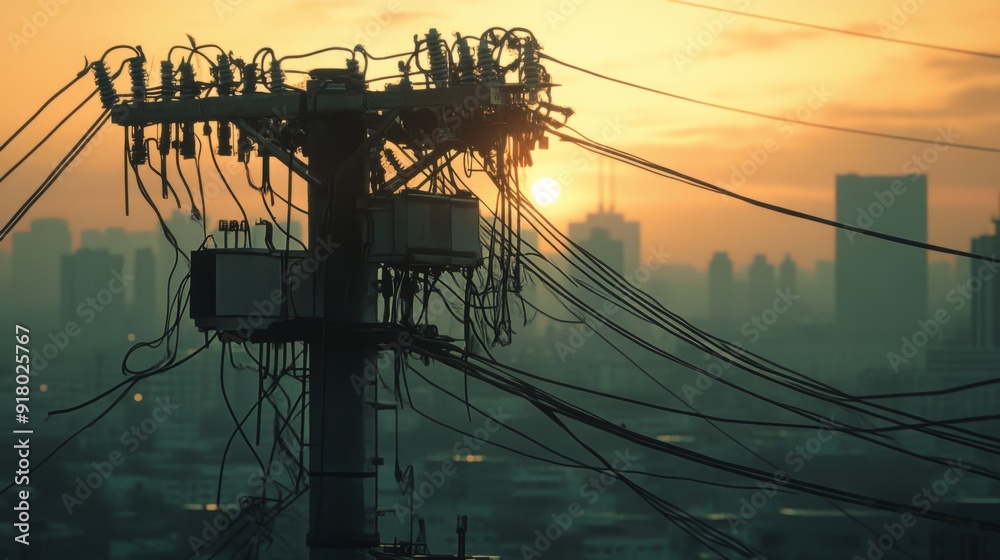Poster a detailed shot of a high-voltage electricity pole and its complex network of wires and transformers