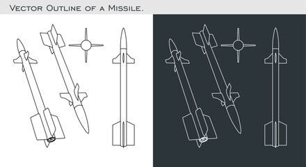 Vector Missile defense attack Rockets.  concept line technical drawing with various positions isolated on a transparent background. 3d illustration