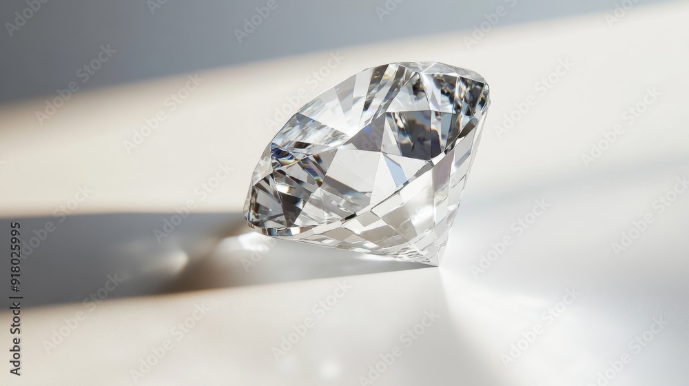 Poster A detailed shot of a large solitaire diamond, with its facets catching the light, placed on a plain white background to emphasize its purity