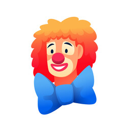 Circus clown smiling face with big blue bow isolated on white background. Carnival, kids birthday. Fun cartoon vector illustration.