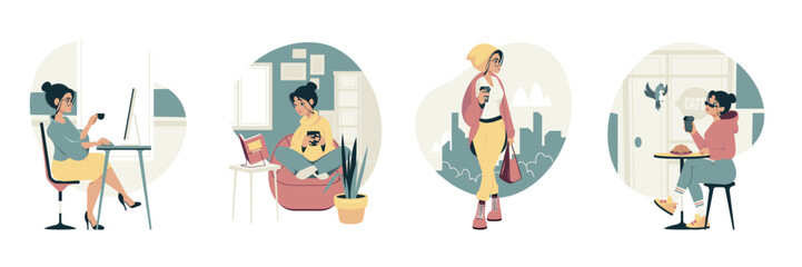 Woman drinking coffee vector set. Young girls with coffee or tea sitting at home, in cafe and office and going at street. People enjoy hot drinks. Break for relax. Modern working woman student.