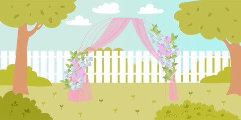 Decorated wedding arch with pink curtains and flowers for garden ceremony. Bridal entrance, gate in park landscape with green trees and lawn. Romantic cartoon vector illustration.
