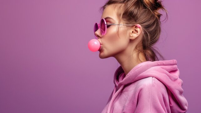 Teen igen girl wear stylish trendy sunglasses and hoodie blowing bubble gum profile side view, pretty young woman fashion cool model with bubblegum 80s at party purple studio background, copy space 