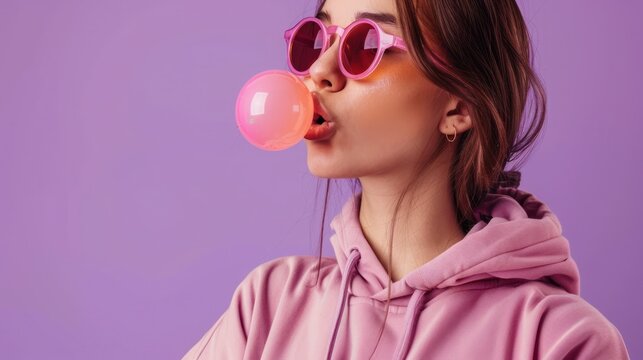 Teen igen girl wear stylish trendy sunglasses and hoodie blowing bubble gum profile side view, pretty young woman fashion cool model with bubblegum 80s at party purple studio background, copy space 