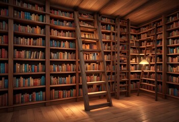 Obraz premium A large, well-lit library or bookstore interior with rows of wooden bookshelves lining the walls and a hardwood floor. The shelves are filled with a variety of books, creating a warm and inviting atmo