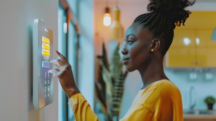 Young african woman using smart home touch screen ai technology connected appliances device on wall monitoring energy security heating system digital control in apartment. Smart home concept. Closeup