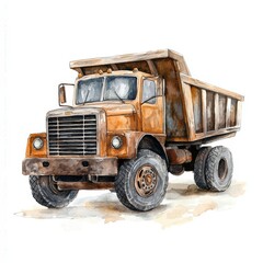Watercolor Illustration of a Dump Truck on White Background, Construction and Transportation Concept Generative AI