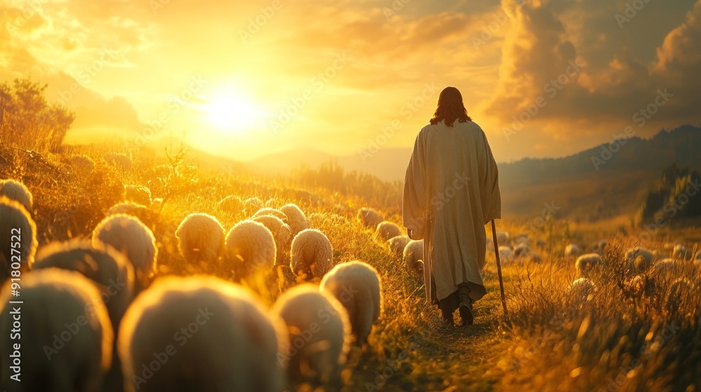 Poster a man is walking through a field of sheep