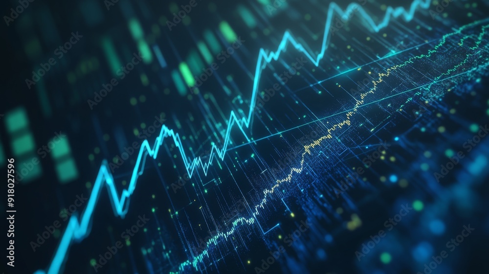 Poster a digital financial graph showing upward trends in blue and green lines on a dark background, with d