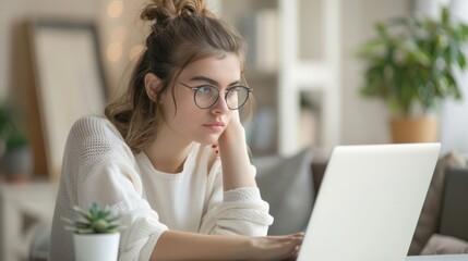 Young serious busy professional business woman employee or student wearing glasses using laptop watching online webinar or training web course, looking at computer, thinking, elearning concept.