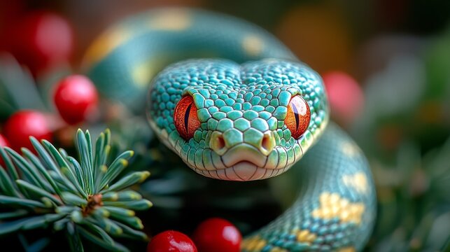 A green snake with red eyes is on a bush with red berries