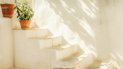 Terracotta pot with greenery on white stairs and a white plaster wall