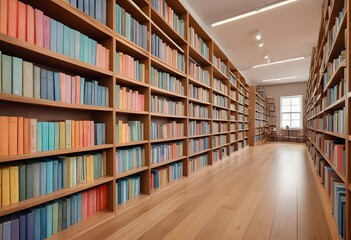 Obraz premium A large, well-lit library or bookstore interior with rows of wooden bookshelves lining the walls and a hardwood floor. The shelves are filled with a variety of books, creating a warm and inviting atmo
