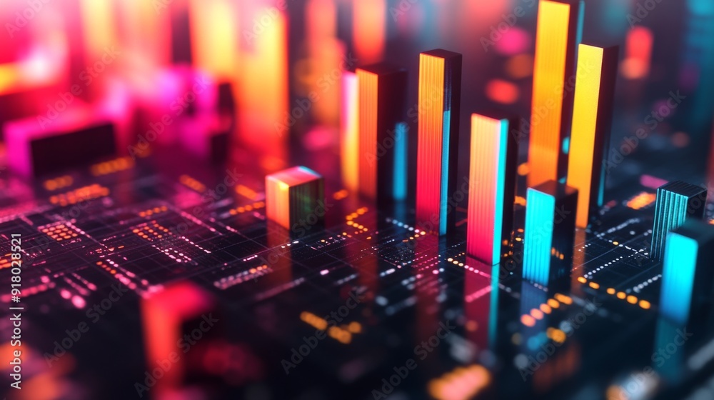 Leinwandbilder A dynamic view of a 3D bar chart with multiple bars in different heights and colors, showcasing a clear and engaging representation of data with depth and perspective.