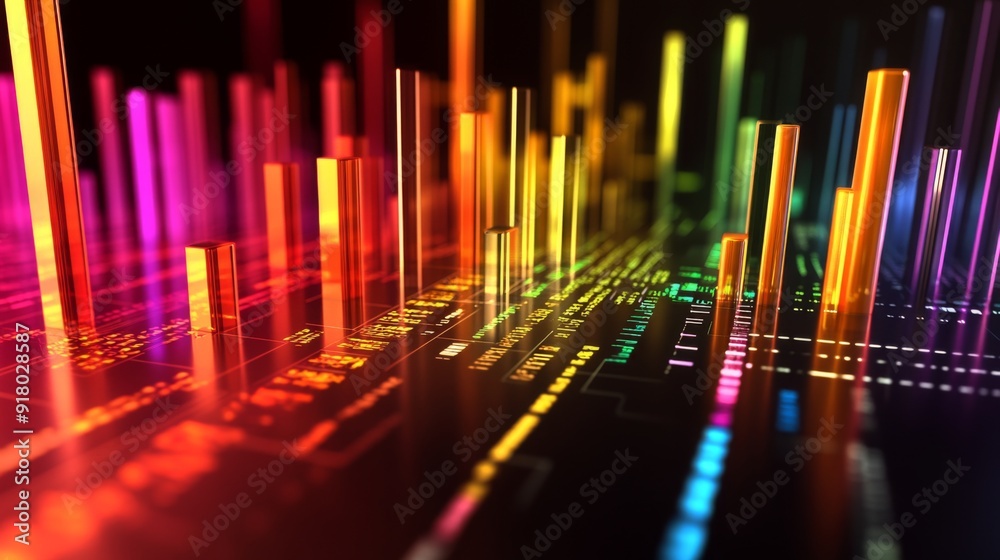 Leinwandbilder A dynamic view of a 3D bar chart with multiple bars in different heights and colors, showcasing a clear and engaging representation of data with depth and perspective.