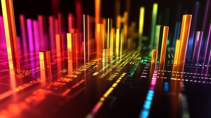 Obraz premium A dynamic view of a 3D bar chart with multiple bars in different heights and colors, showcasing a clear and engaging representation of data with depth and perspective.