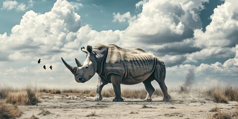 Fototapeta premium Vanishing Giants: Rhinos on the Brink of Extinction Amidst a Desolate Landscape, a Stark Reminder of the Climate Crisis and Habitat Destruction.
