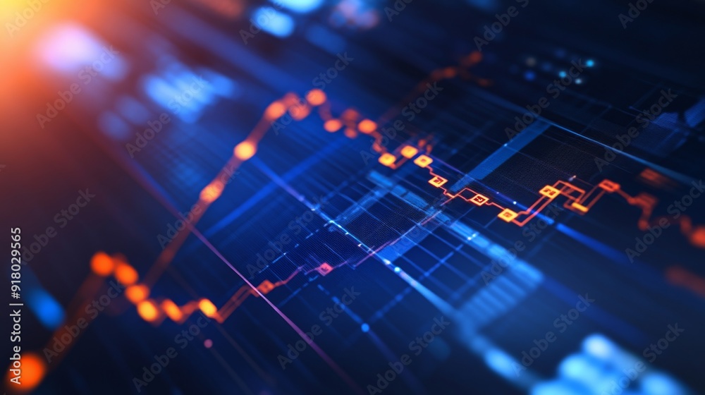Leinwandbilder A financial line graph on a computer screen, with sharp, upward trends and key data points highlighted, showing market growth in detail.