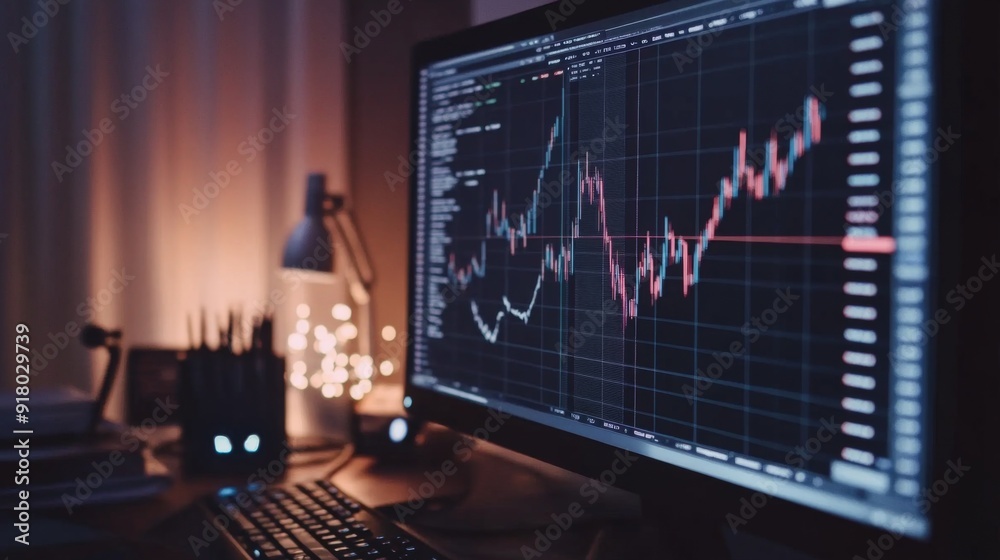 Leinwandbilder A financial line graph on a computer screen, with sharp, upward trends and key data points highlighted, showing market growth in detail.