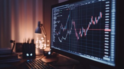 A financial line graph on a computer screen, with sharp, upward trends and key data points highlighted, showing market growth in detail.