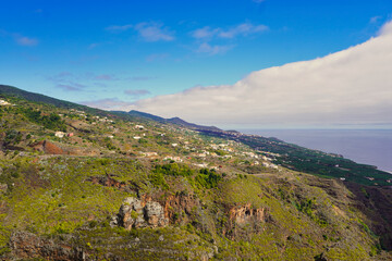 Island of La Palma. Rural landscape. The crops continue until they reach the sea, while the territory appears dotted with small hamlets.