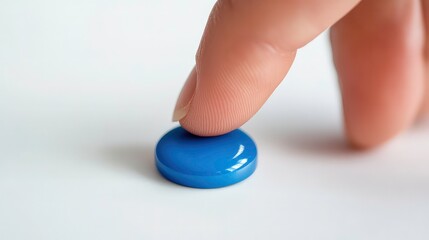 A finger presses down on a purple pill.