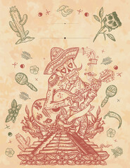 Mexican culture frame. Old paper vector. Mariachi skeleton wearing sombrero and playing guitar vertical background. Cover page template