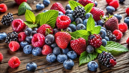 Vibrant, juicy wild berries, including raspberries, blueberries, and blackberries, scattered across a rustic wooden table, evoking a sense of summer's sweet abundance and natural beauty.