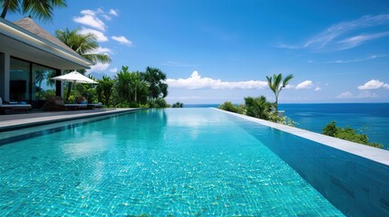 Fototapeta premium Serene Escape: Luxurious Beachfront Villa with Infinity Pool in Tropical Paradise Setting