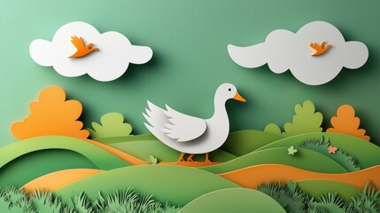 paper cut style illustration goose colorful 3d filed green hills whimsical clouds