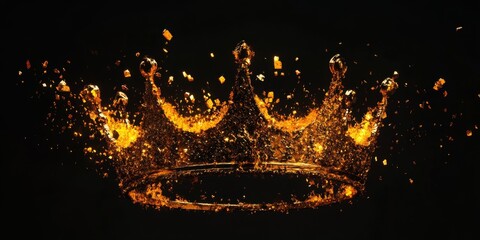 Shattered Majesty: A Broken Golden Royal Queen's Crown on an Explosive Fiery Background, Isolated on a Black Canvas with Duplicate Space, Emblematic of a Dynasty's Rise and Fall.