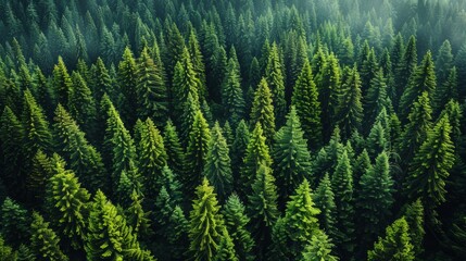 Aerial view of dense evergreen forest in the early morning light