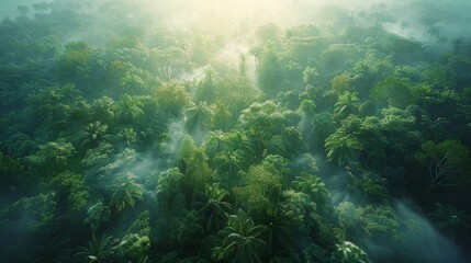 Lush green forest landscape at dawn with mist rising above treetops in a tropical setting