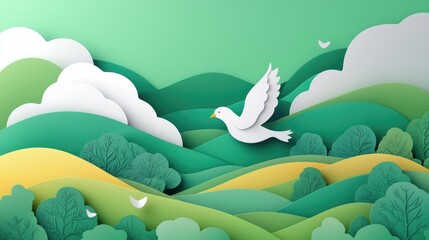 paper cut style illustration pigeon colorful 3d filed green hills whimsical clouds