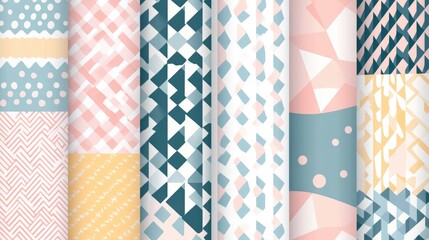 Collection of trendy geometric patterns in pastel colors, ideal for modern designs, on a transparent background