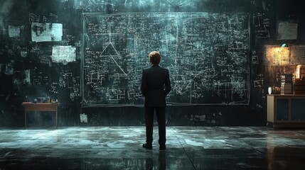 2D illustration of a mathematician solving complex equations with intricate symbols and formulas