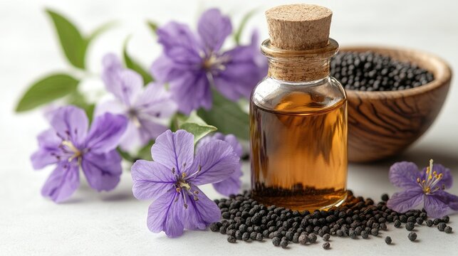 A bottle of black seed oil with black cumin seeds and a small wooden spoon