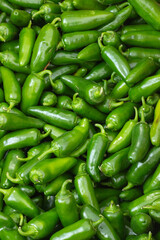 Close up of Freshly harvested organic Jalapeno peppers at Trout Lake Farmer's Market in British Columbia