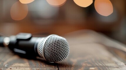 Obraz premium Close-Up Of A Silver Microphone On A Wooden Table With Blurred Background Lights