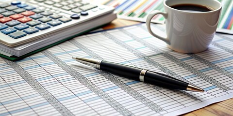 A solitary pen rests on a cluttered financial spreadsheet, surrounded by scattered papers and office supplies, symbolizing intense budget planning and number crunching.