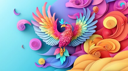 Fototapeta premium paper cut style illustration phoenix colorful 3d filed green hills whimsical clouds
