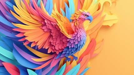 Obraz premium paper cut style illustration phoenix colorful 3d filed green hills whimsical clouds