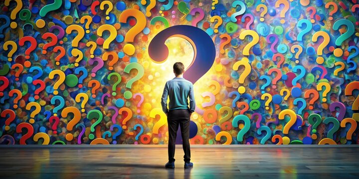 A puzzled individual stands against a vibrant question-mark backdrop, conveying a mix of confusion, curiosity, and introspection, prompting the viewer to ponder and reflect.