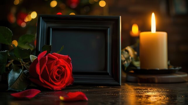 Candlelit black photo frame and red rose in funeral home