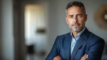 Professional man in a suit standing confidently indoors in a modern office setting