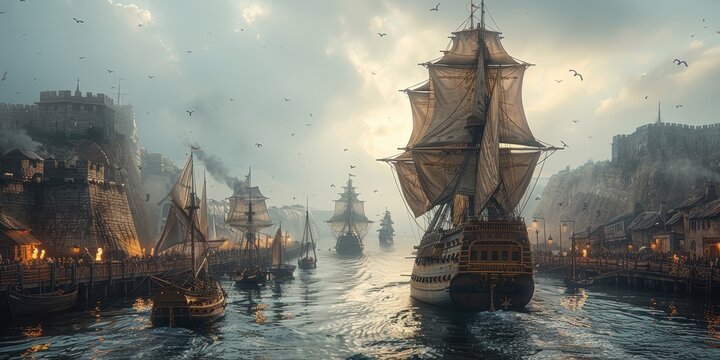 Sailing Ships Entering Harbor City
